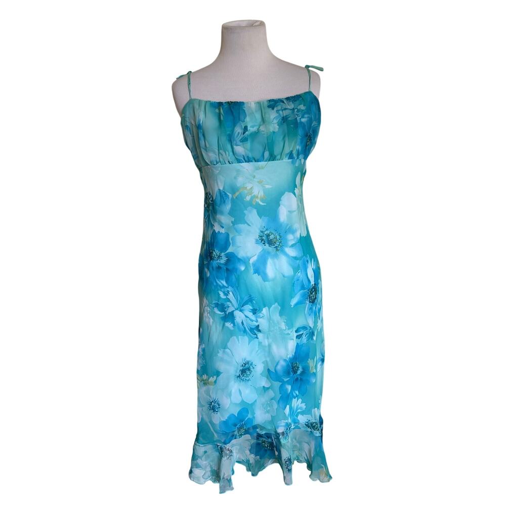 Vintage Y2K Be Smart Aqua Watercolor Floral Chiffon Empire Waist Dress